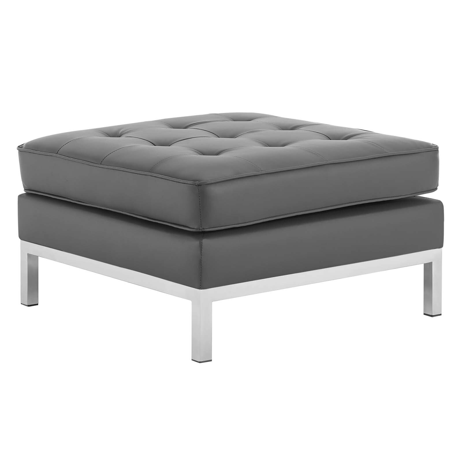 Modway Loft Tufted Vegan Leather Upholstered Living Room Ottoman in Silver Gray