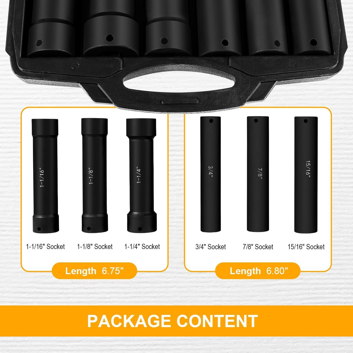 1/2 Inch Drive Heavy Duty Extra-Deep Length Impact Socket Set with Storage Case