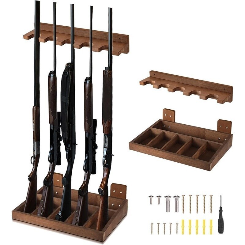 Wooden Vertical Gun Rack Wall Mount Organizer 5 Long Guns Indoor Display Storage