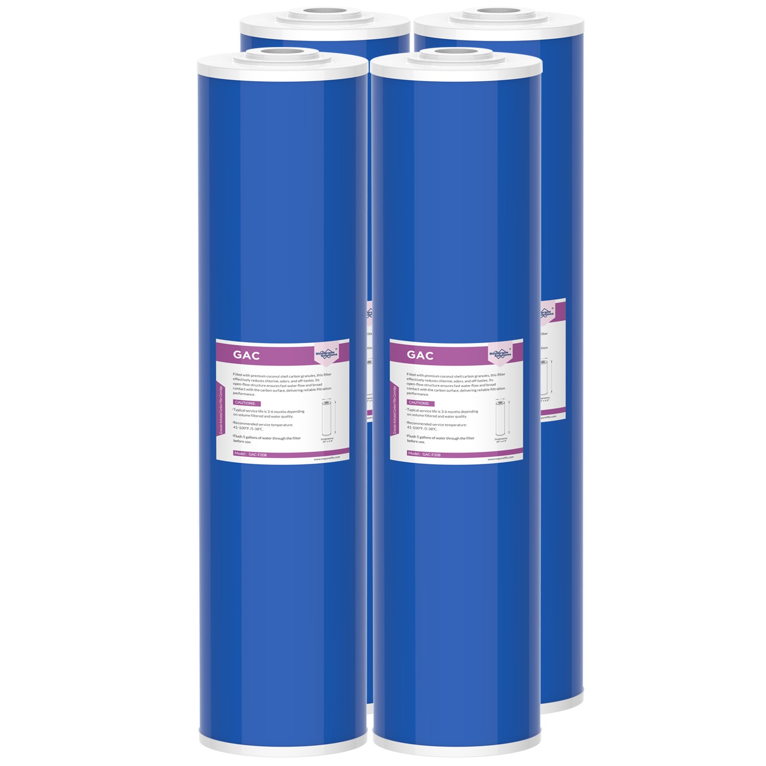 4 Pack 20x4.5" 5 Micron Big Blue GAC Carbon Water Filter Whole House Replacement