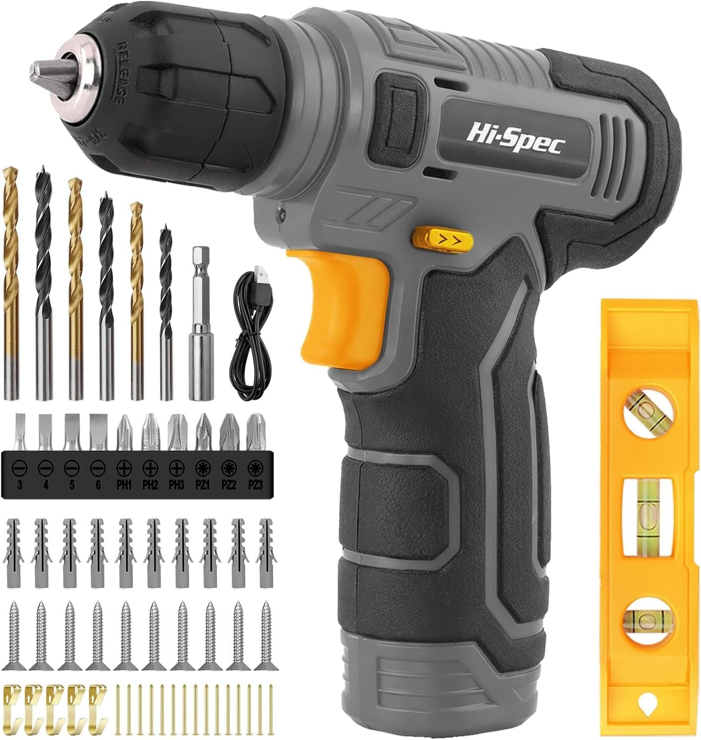 Hi-Spec 8V USB Cordless Drill Driver Kit w/ Bits Wall Hanging Set Grey