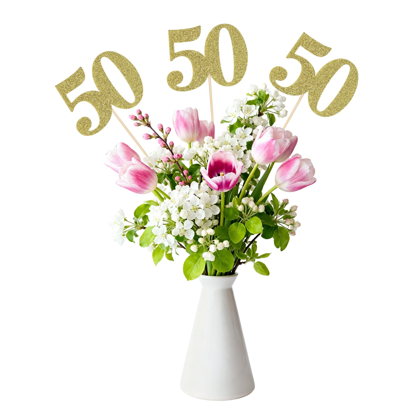 12Pcs 50th Birthday Centerpiece Sticks, Glitter Cupcake Picks, Gold