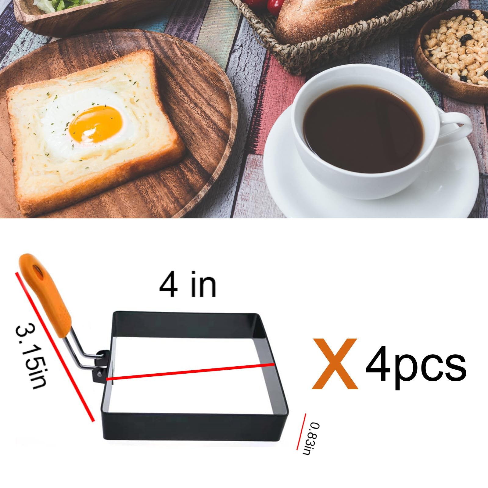 Large 4 Pcs 4 Inch Sqaure Egg Ring for Griddle 4 Pieces Square 4 Inch, Orange