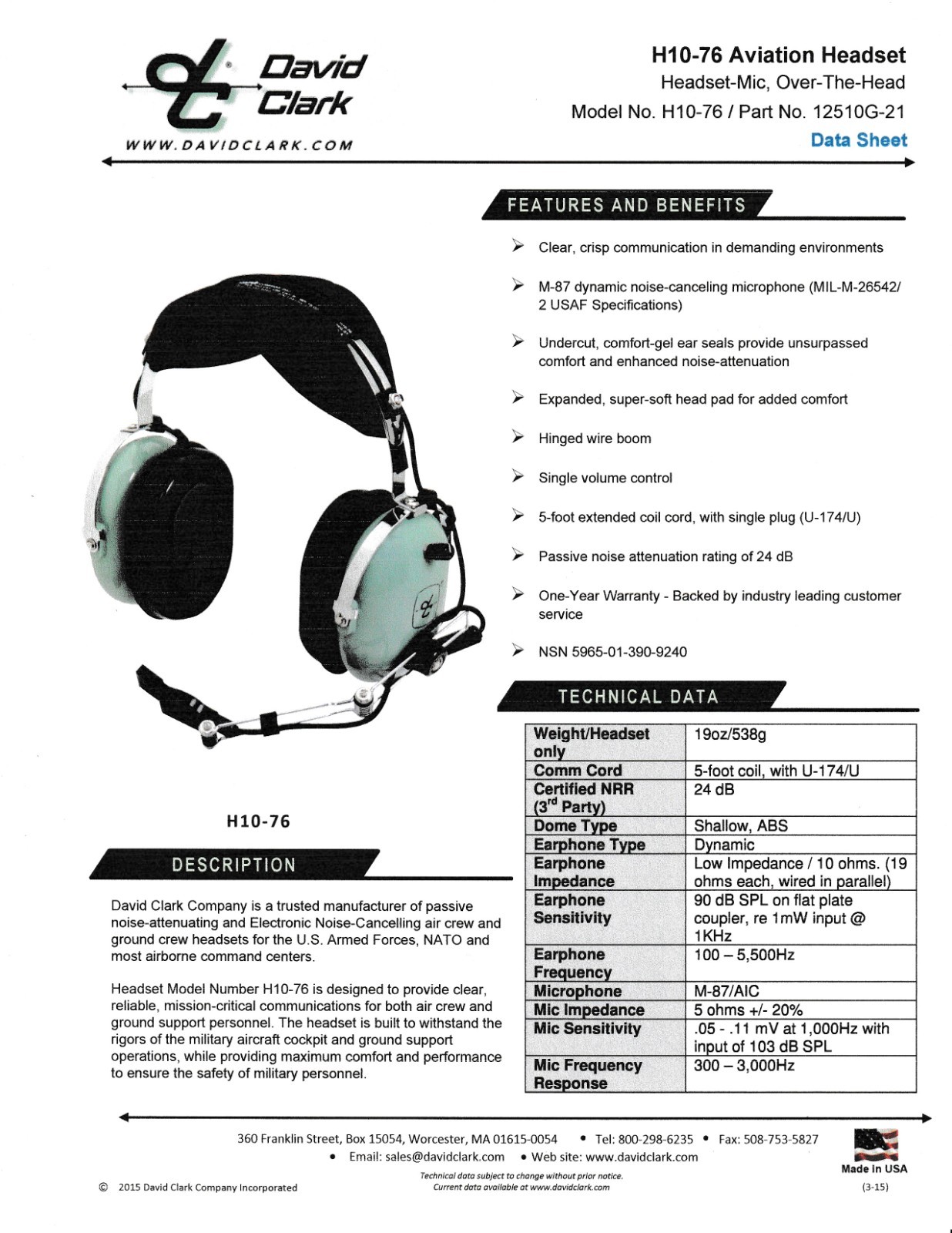 DAVID CLARK H10-76 Aviation Headset Headset-Mic, Over-The-Head