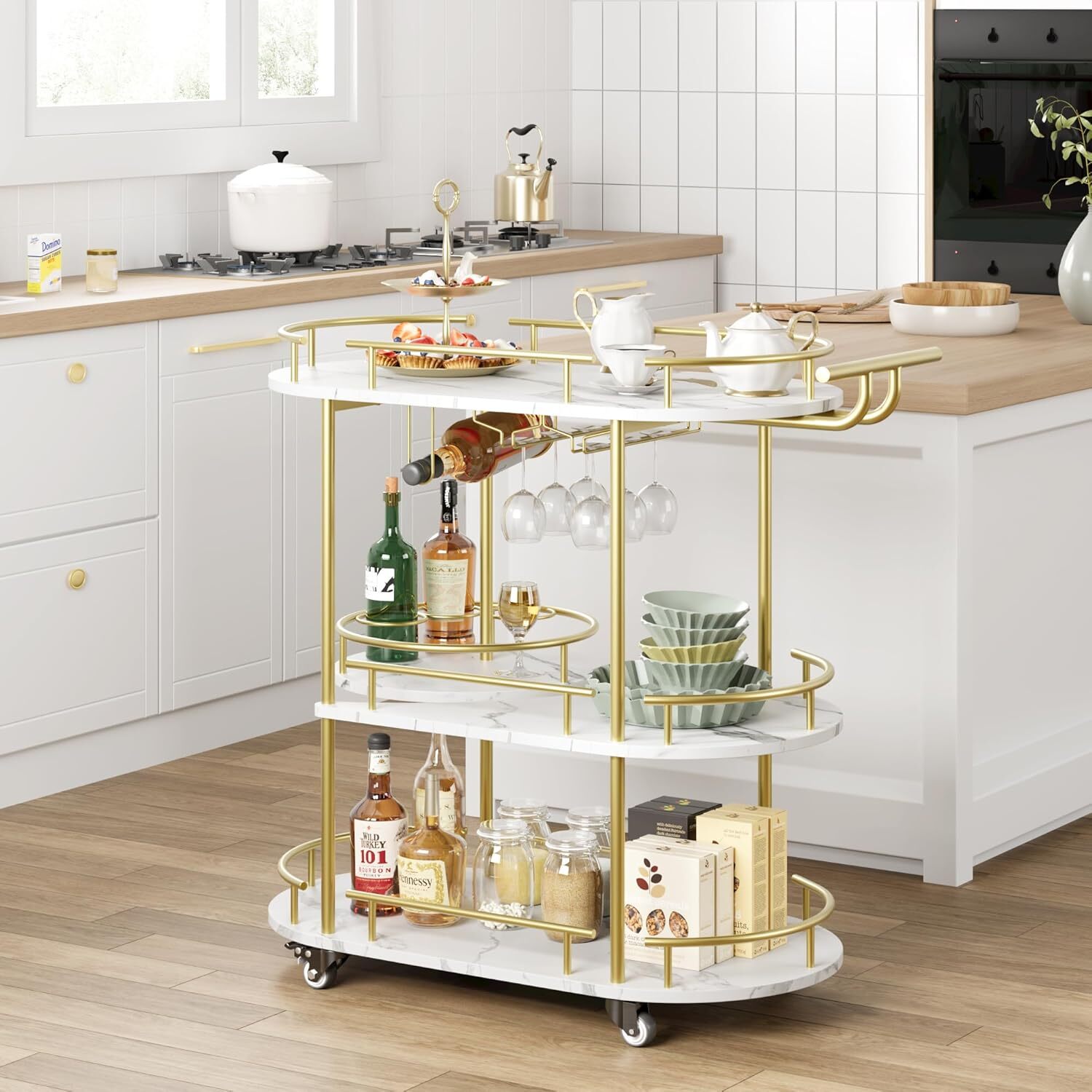 Gold Bar Carts with 3-Tiers Storage Shelves，Mobile Bar Seving Carts On Wheels