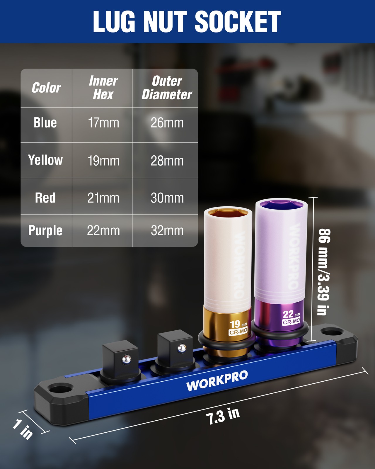 WORKPRO 1/2" Drive Lug Nut Impact Duty Socket Set 4 Pcs 17-19-21-22mm Socket Set