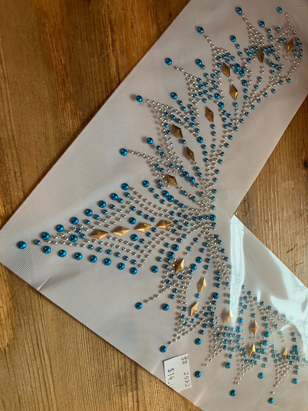 Iron-On Applique Sparkle Gold Teal Neckline Crystal Metal