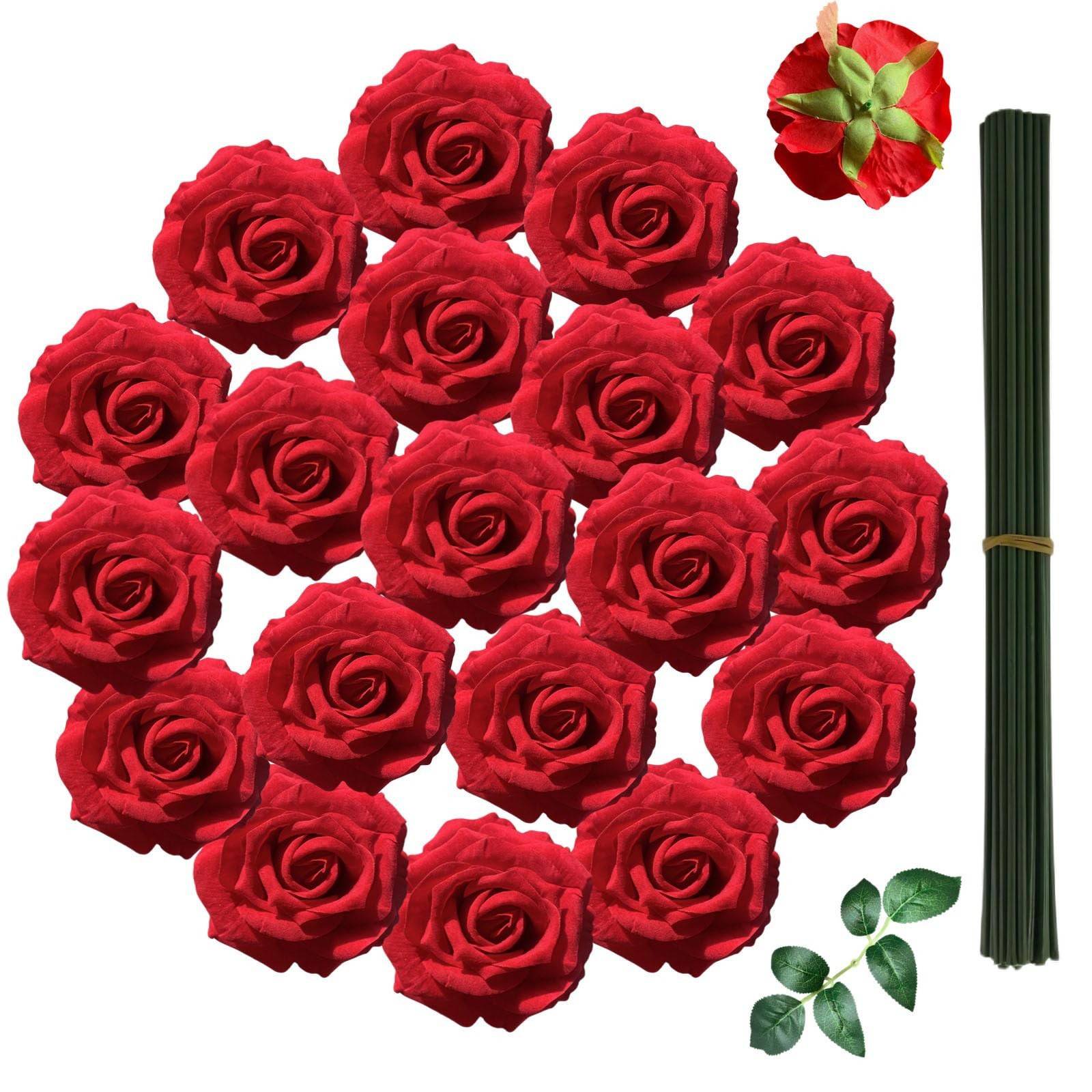 18 PCS Red Velvet Rose Fake Flower Heads Artificial Faux For Bridal DIY