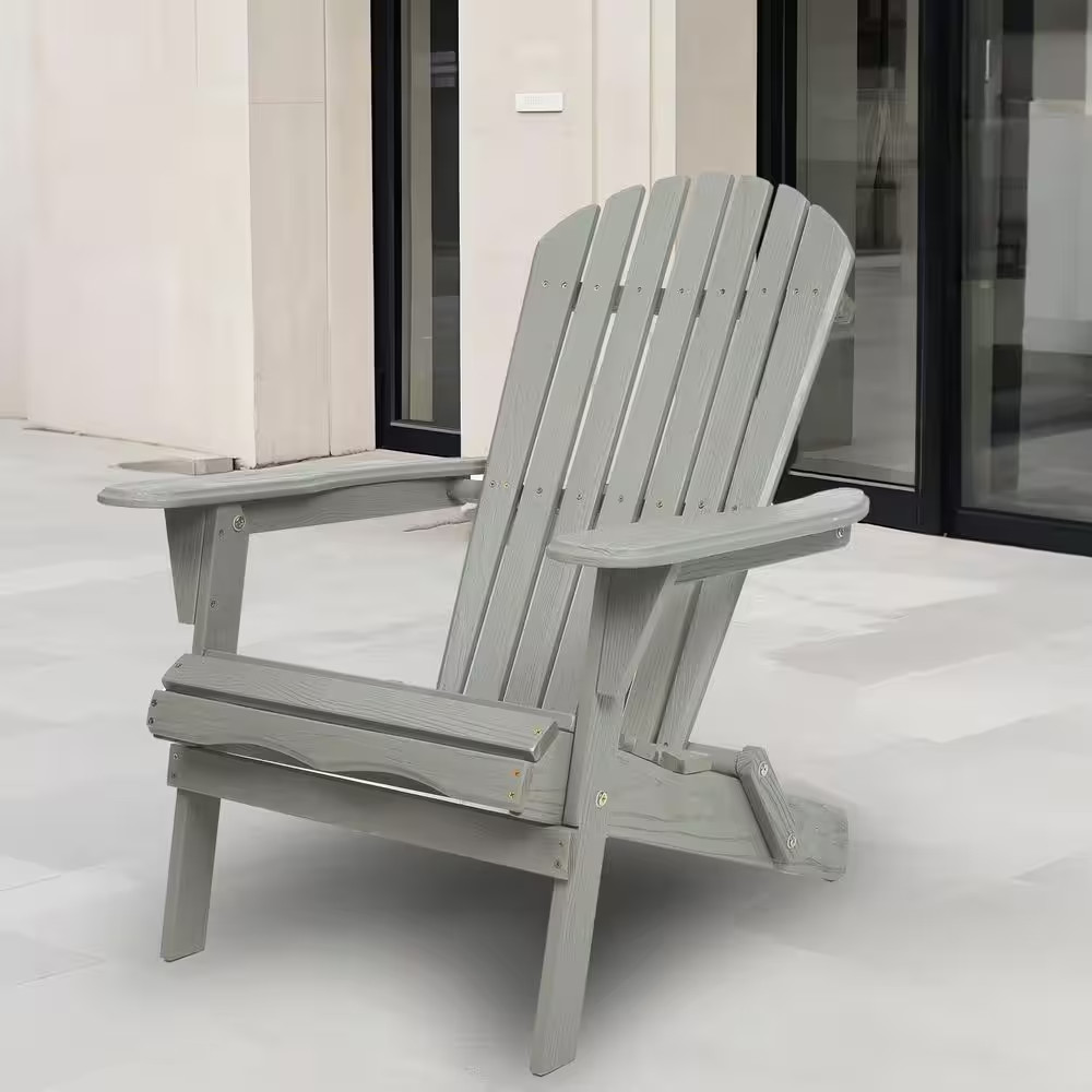Gray Cedar Wood Outdoor Folding Adirondack Chair, Patio All-Weather Lounge Chair