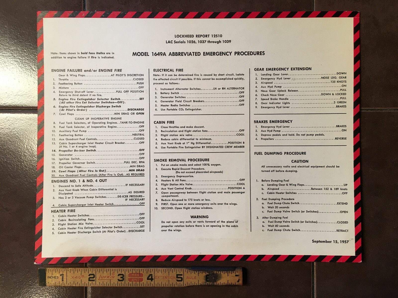 Original 1957 Lockheed 1649A Cockpit Checklist & Emergency Procedures Checklist.