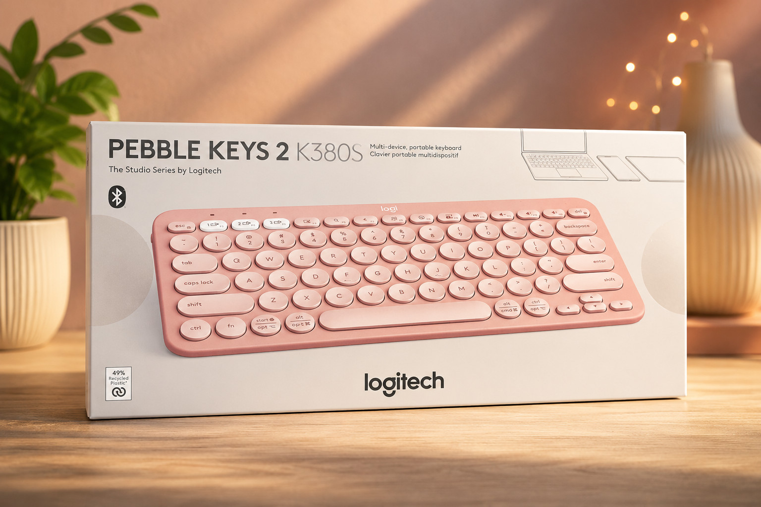 Logitech Pebble Keys 2 K380s Keyboard, Bluetooth, Wireless Rose slim & portable