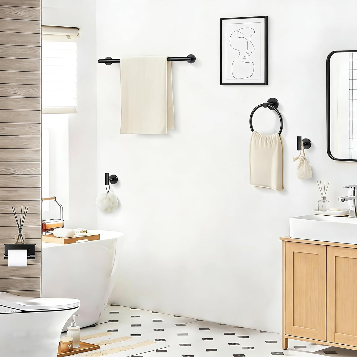 5-Piece Matte Black Bathroom Accessories Set, 24-Inch Wall-Mounted Towel Bar, To