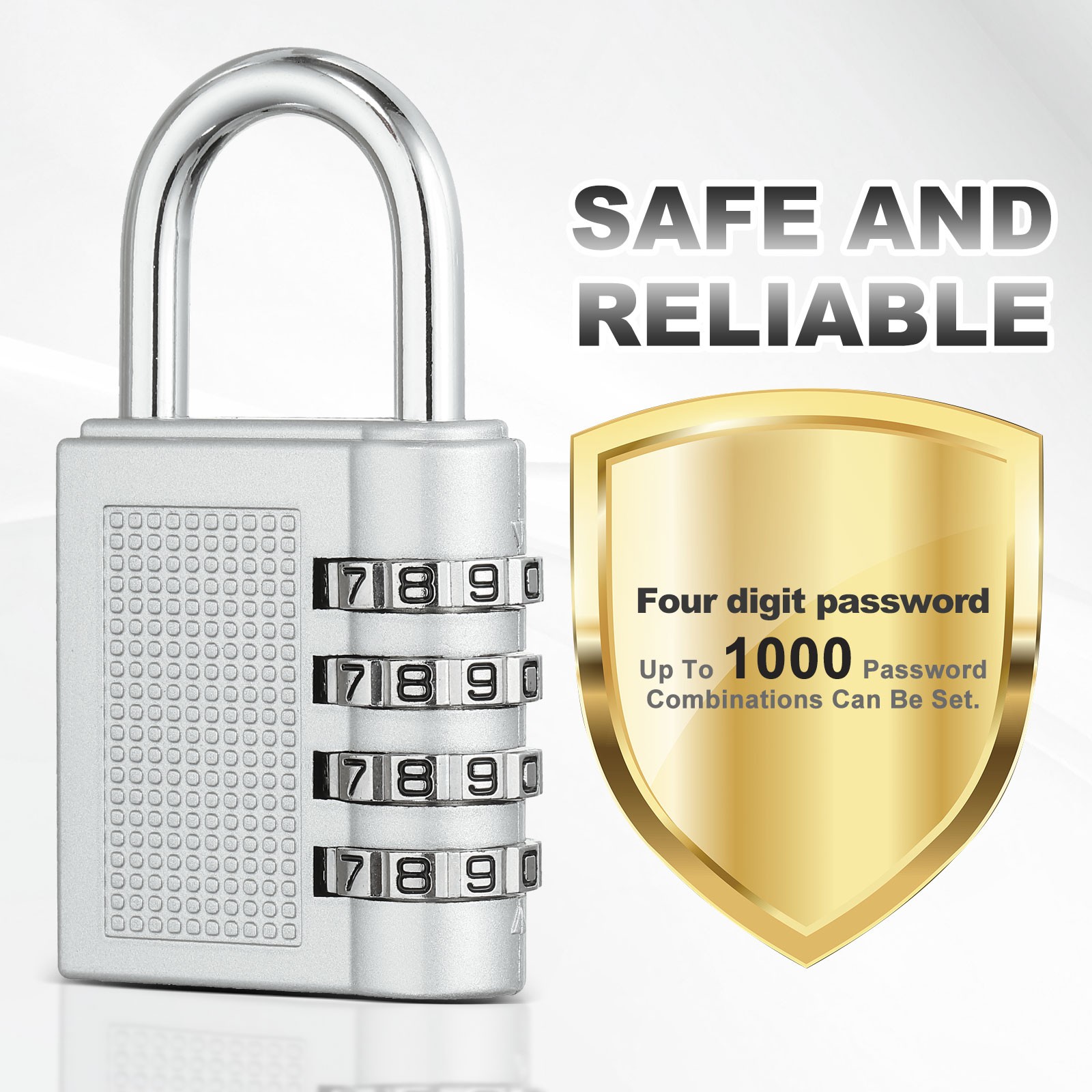 Combination Padlock (Large, Silver), 4-Digit Shackle Code Locks