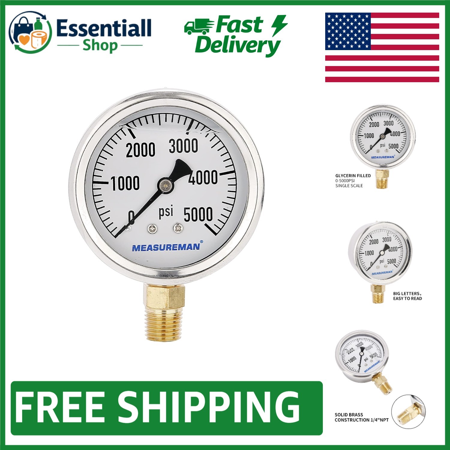 Stainless Steel Plumbing Pressure Gauge 0-5000psi, Glycerin Filled 2-1/2" Dial