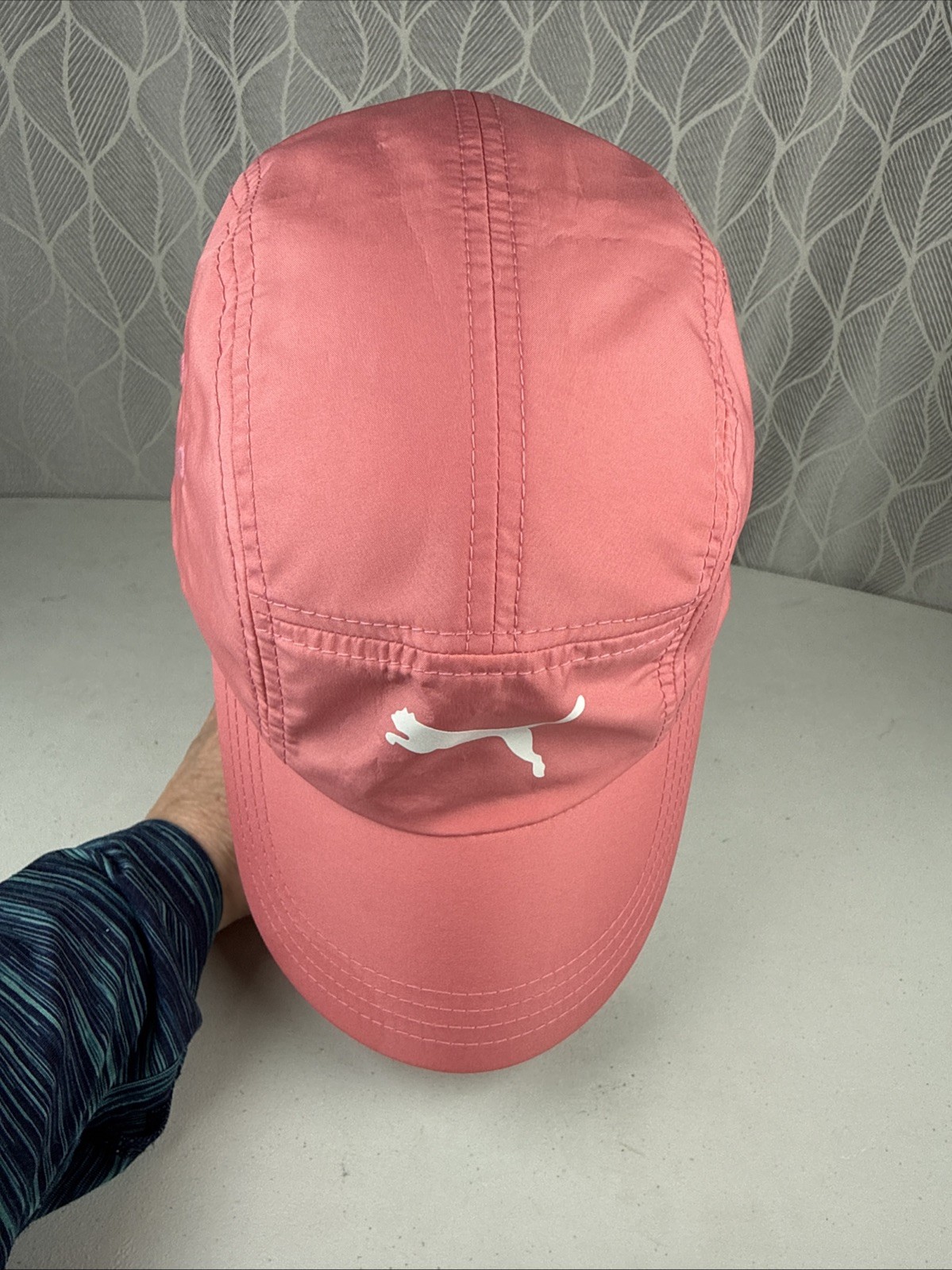 Puma in White on Pink Peach Lite Wt 5 Panel Runners Hat Cap Hook Loop