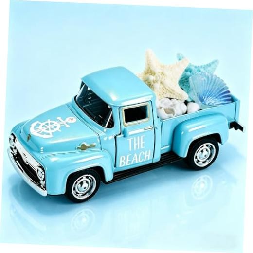 Summer Beach Decor 5 Inch Vintage Truck with Mini Seashells and Starfish Blue