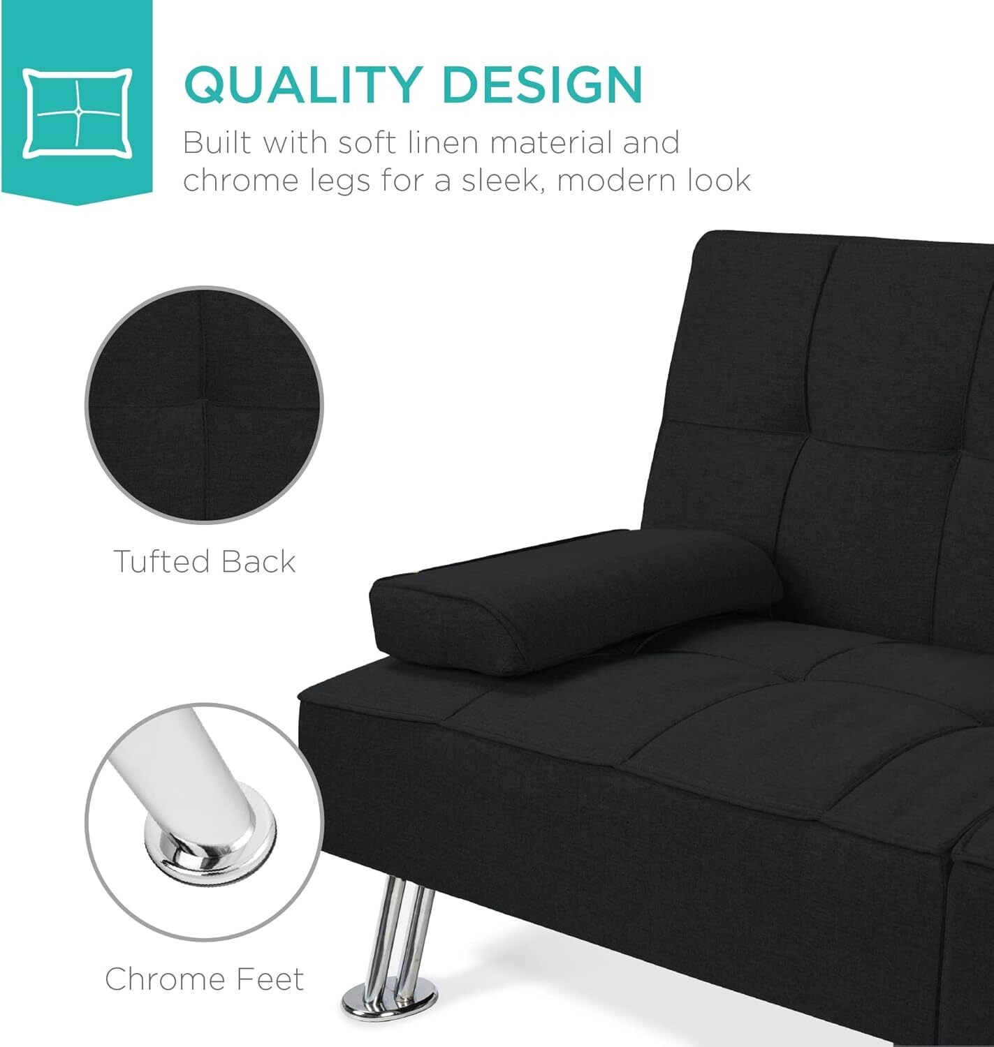Linen Modern Folding Futon, Reclining Sofa Bed for Apartment Removable Armrests