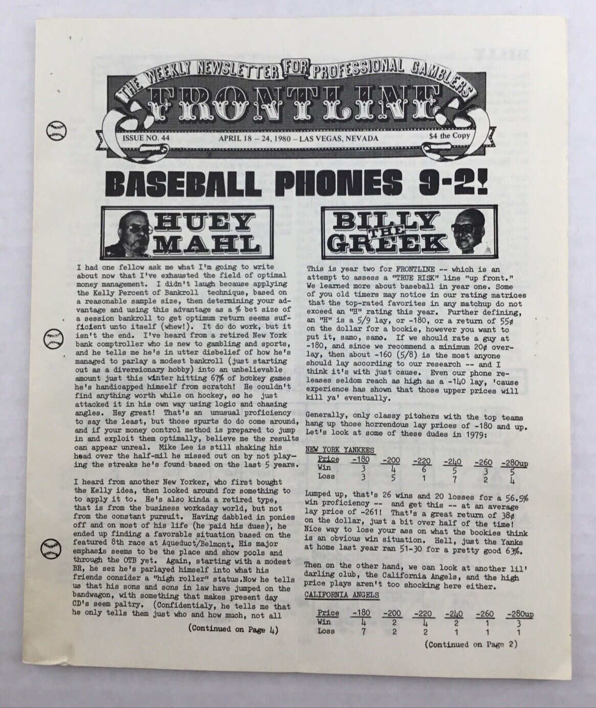 Frontline April 1980 Huey Mahl Las Vegas Nevada Newsletter Professional Gamblers