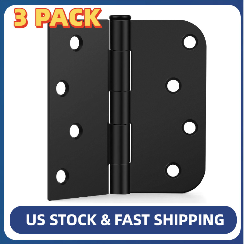 4 Inch X 4 Inch Matte Black Door Hinges (3 Pack), 5/8" Radius & Removable Pin