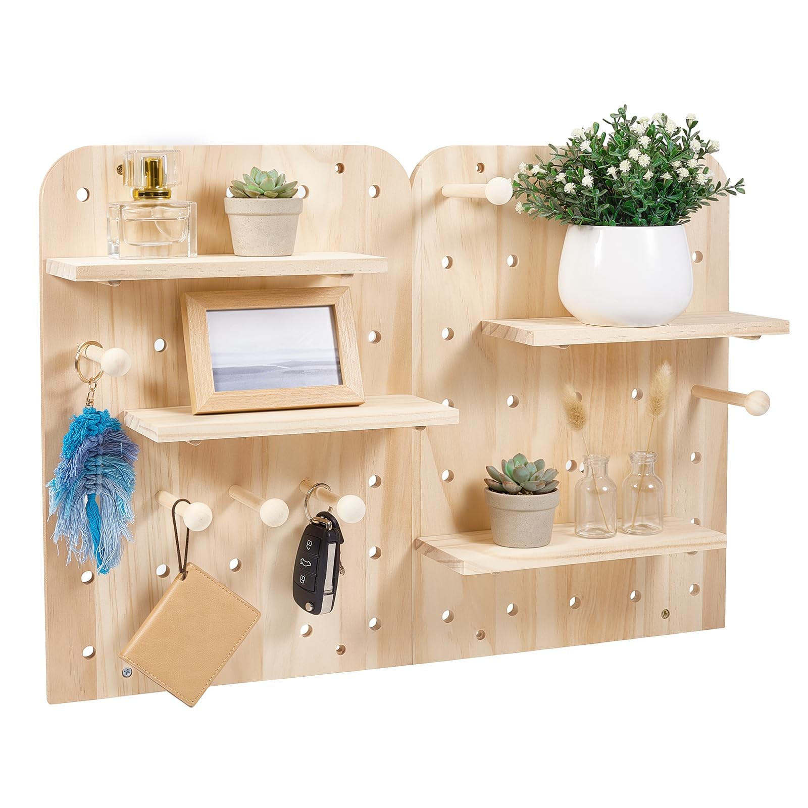 2 PCS Wood Pegboard Wall Organizer Combination Kit 18 Accessories Panel Display