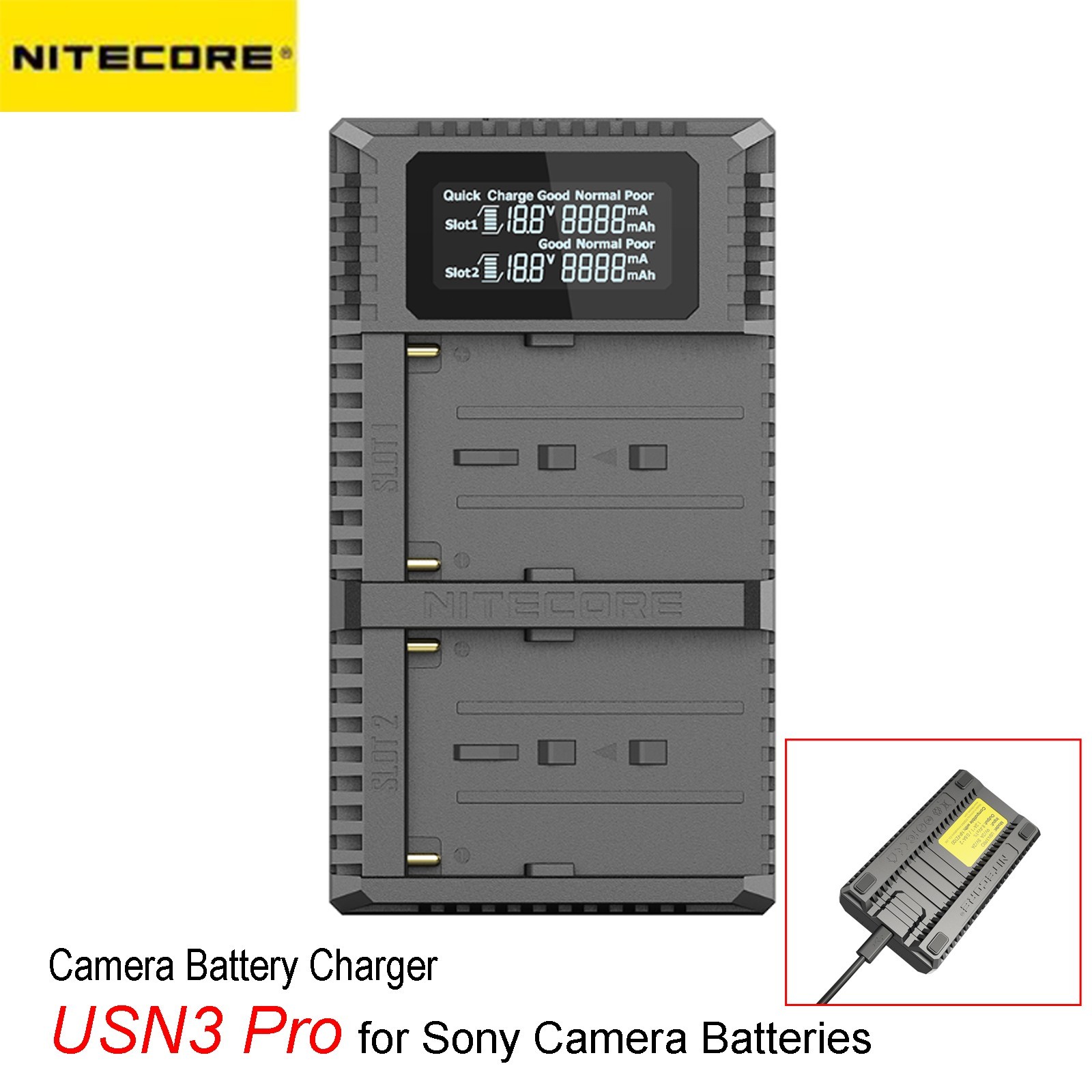 NITECORE USN3 Pro Charger 2-Slot Digital Charger for NP-F750 Sony Camera Battery