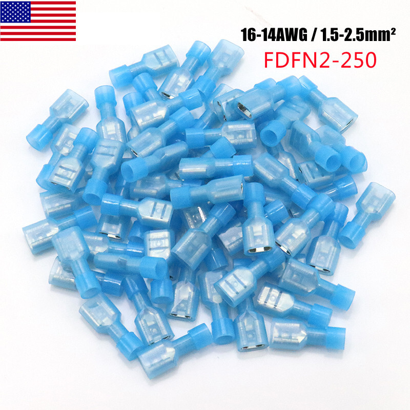 100PCS Blue Female Insulated Wire Spade Terminals Crimp Connectors 16-14 AWG US