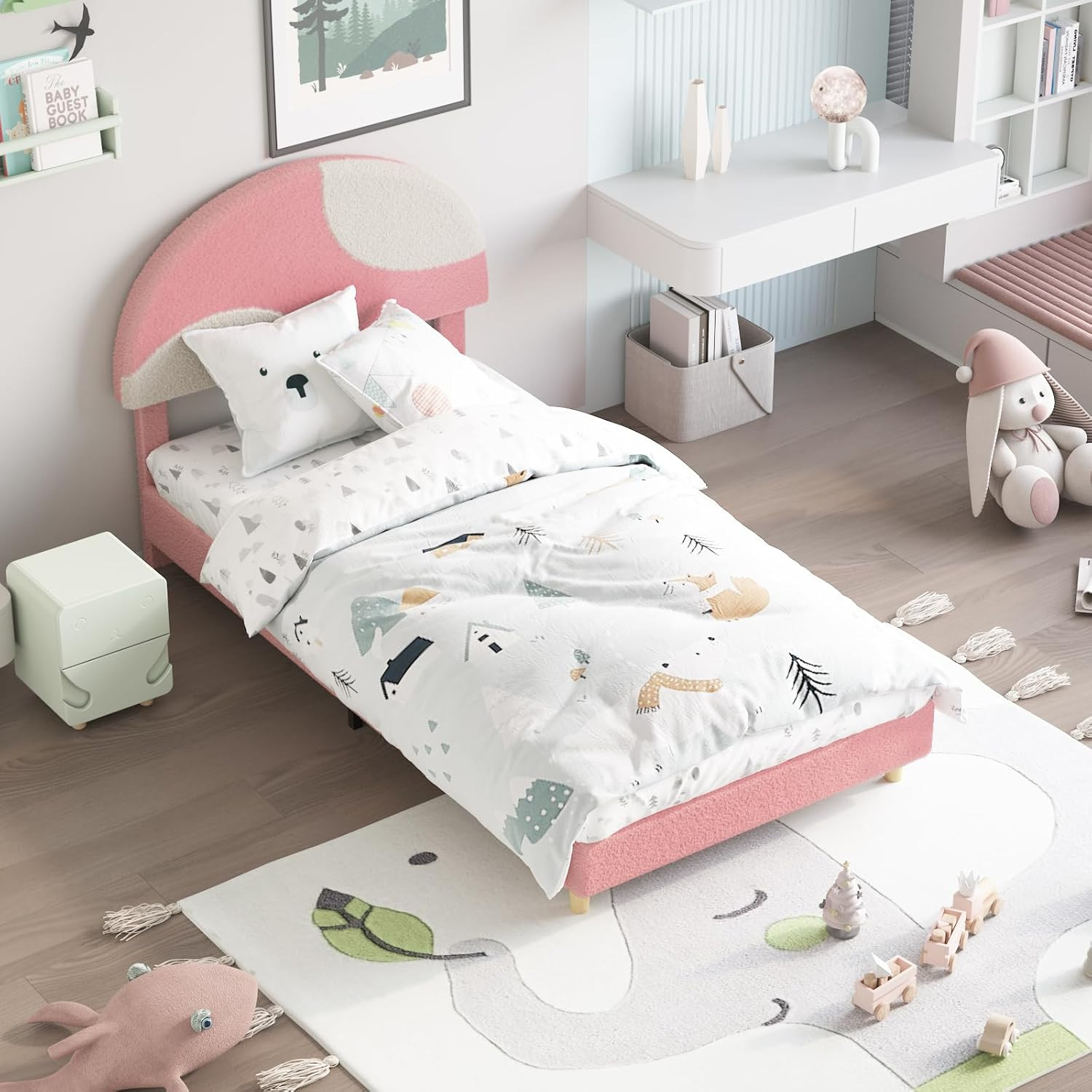 Twin Bed Frame with round Boucle Headboard, Upholstered Arch-Shaped Design in So