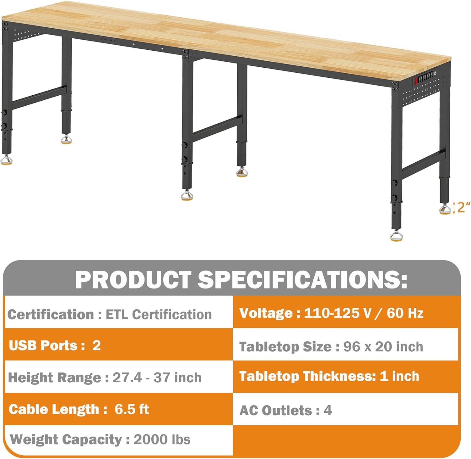 Betterhood 96" Adjustable Workbench, 5000 LBS Heavy Duty Work Table with Power O