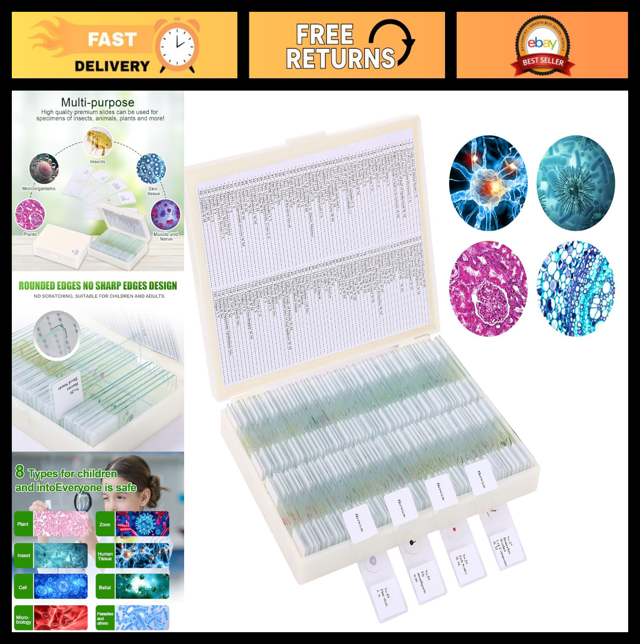 120 Microscope Slides Set with Specimens - Plant, Insect, Animal & Algae for Sci