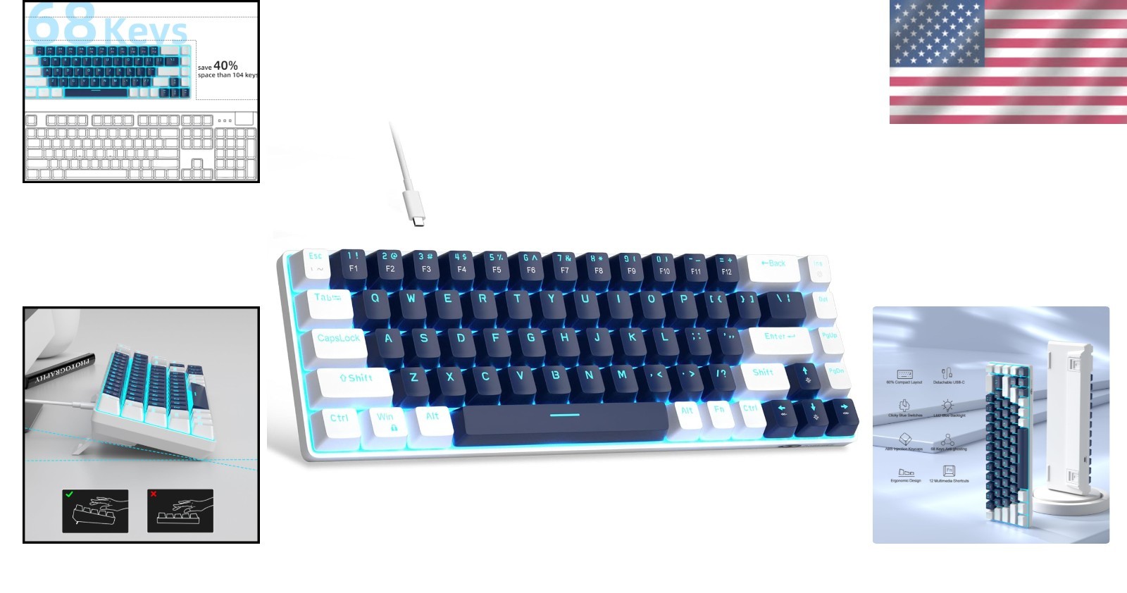 68 Keys Ergonomic Mechanical Keyboard with Blue Switch - Ideal for Gaming