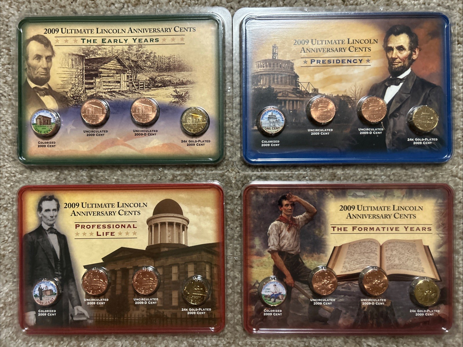 2009 Ultimate Lincoln Anniversary Cents 4 Set Colorized Gold Plated Littleton