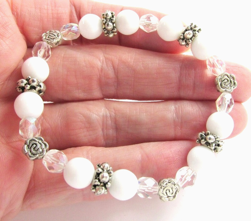 OOAK Stretchable HANDMADE white clear beaded bracelet OOAK