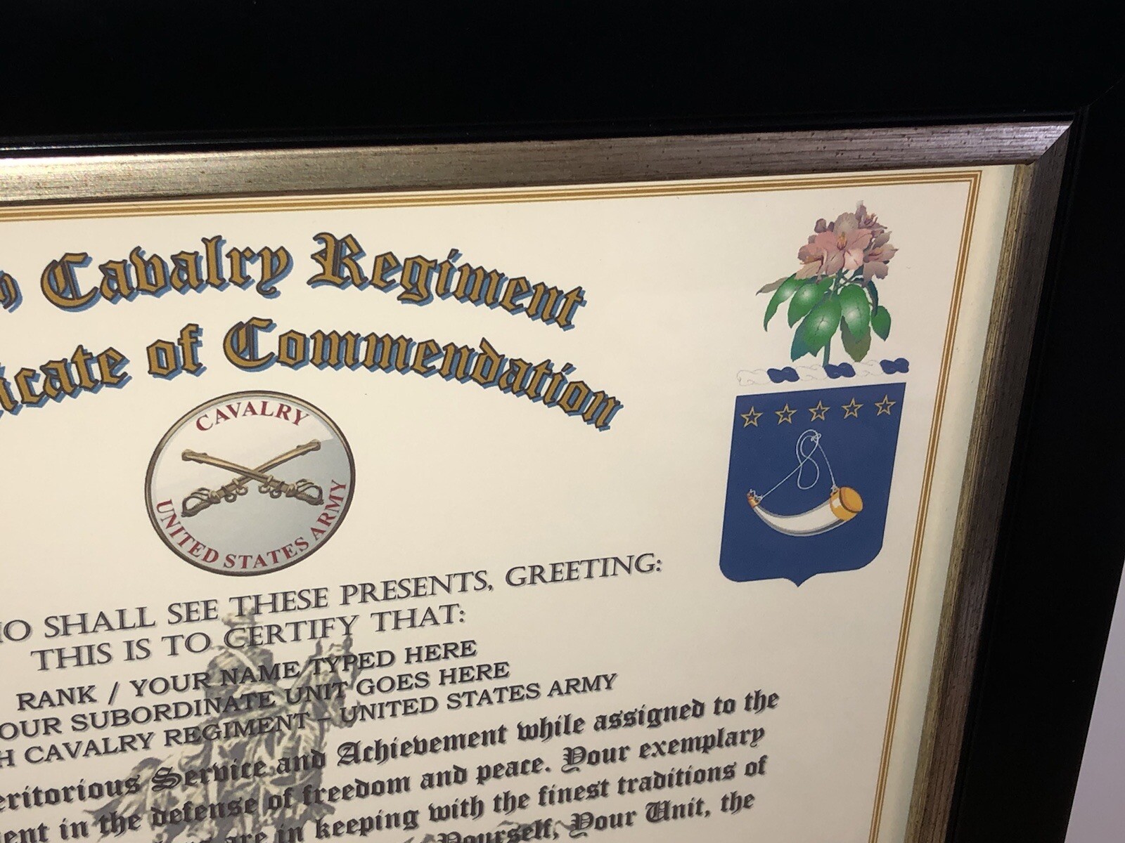 150TH U.S. CAVALRY REGIMENT / COMMEMORATIVE - CERTIFICATE OF COMMENDATION