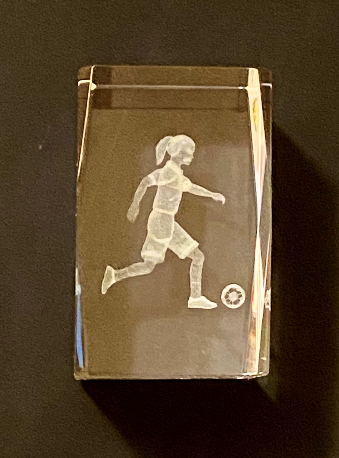 Female Soccer Player Laser Etched Crystal Glass Cubed Paperweight Holographic 3D