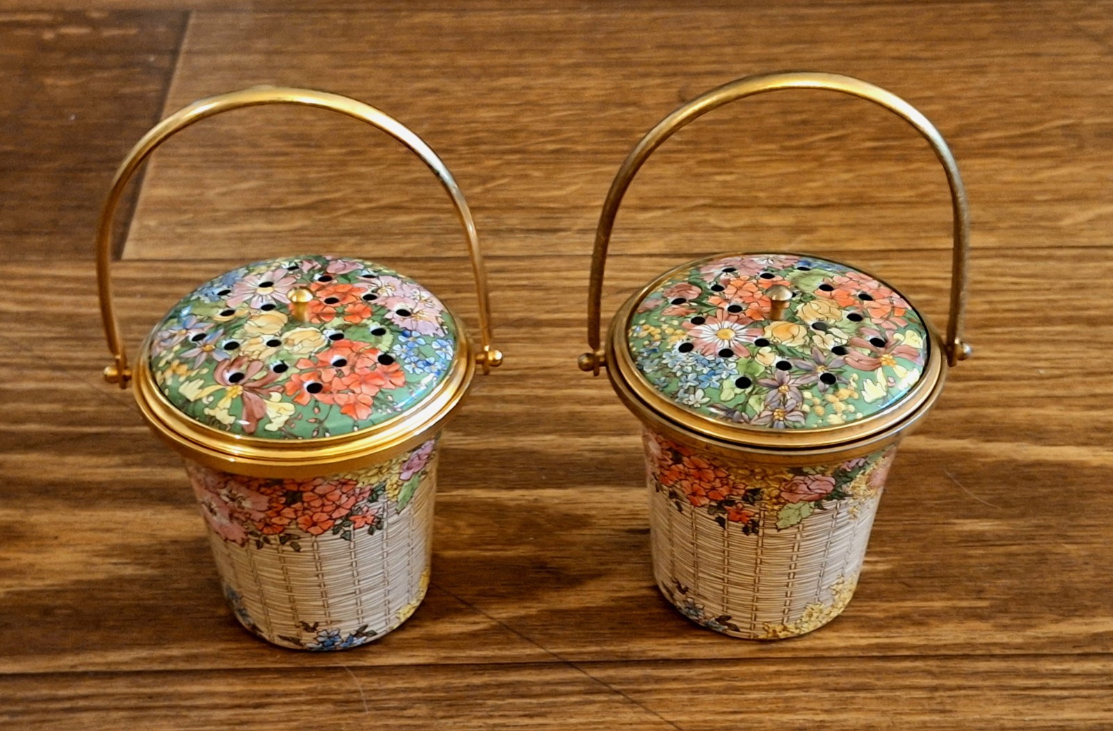 Pair Vintage Estate Halcyon Days Enamel Lidded Potpourri Baskets With Handles!!