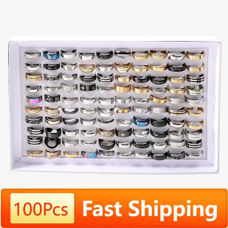 100PCS Stainless Steel Rings Bulk Lot Men's Fashion Jewelry Wholesale Mixed Ring