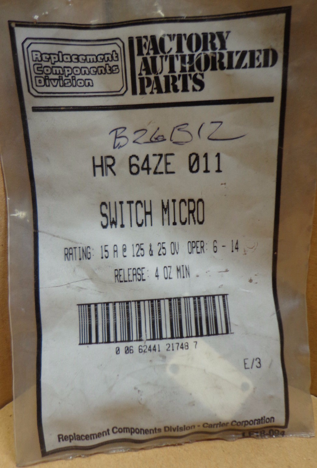 ~Discount HVAC~ HR64ZE011 - Carrier Parts Micro Switch E34-63KB