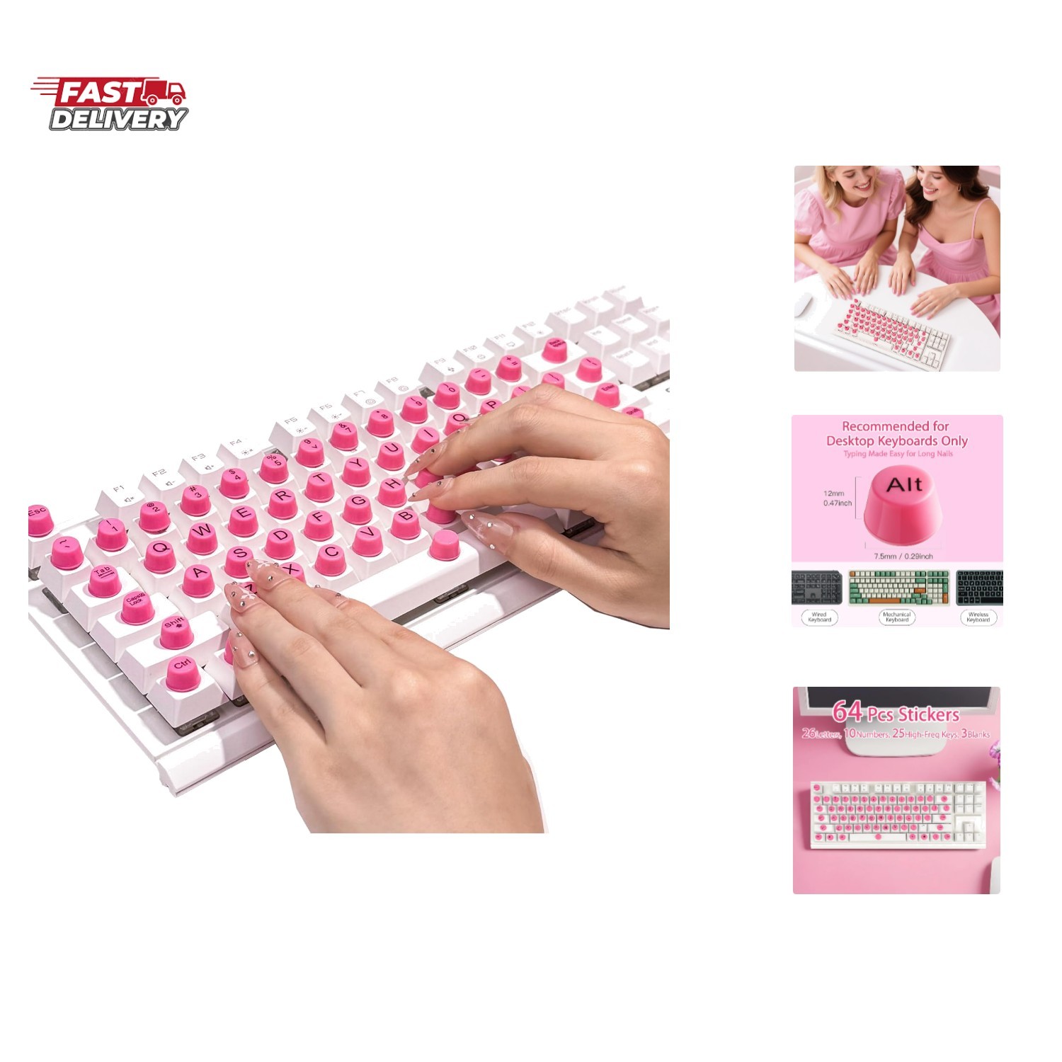 64 Pcs Keyboard for Long Nails with Letters, Self-Adhesive Keyboard Stickers ...