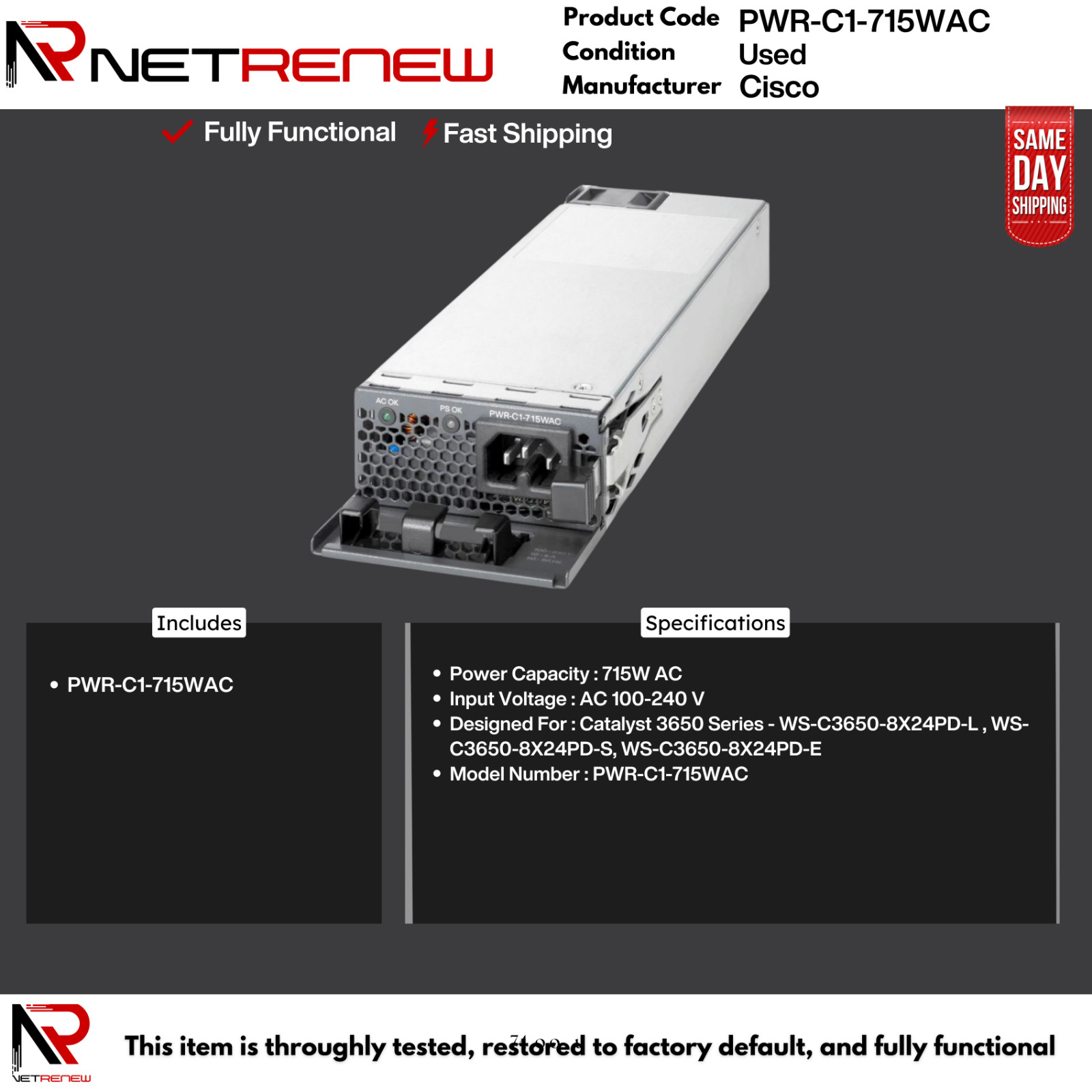 Cisco PWR-C1-715WAC Power Supply 715W AC for Catalyst 3850 Series