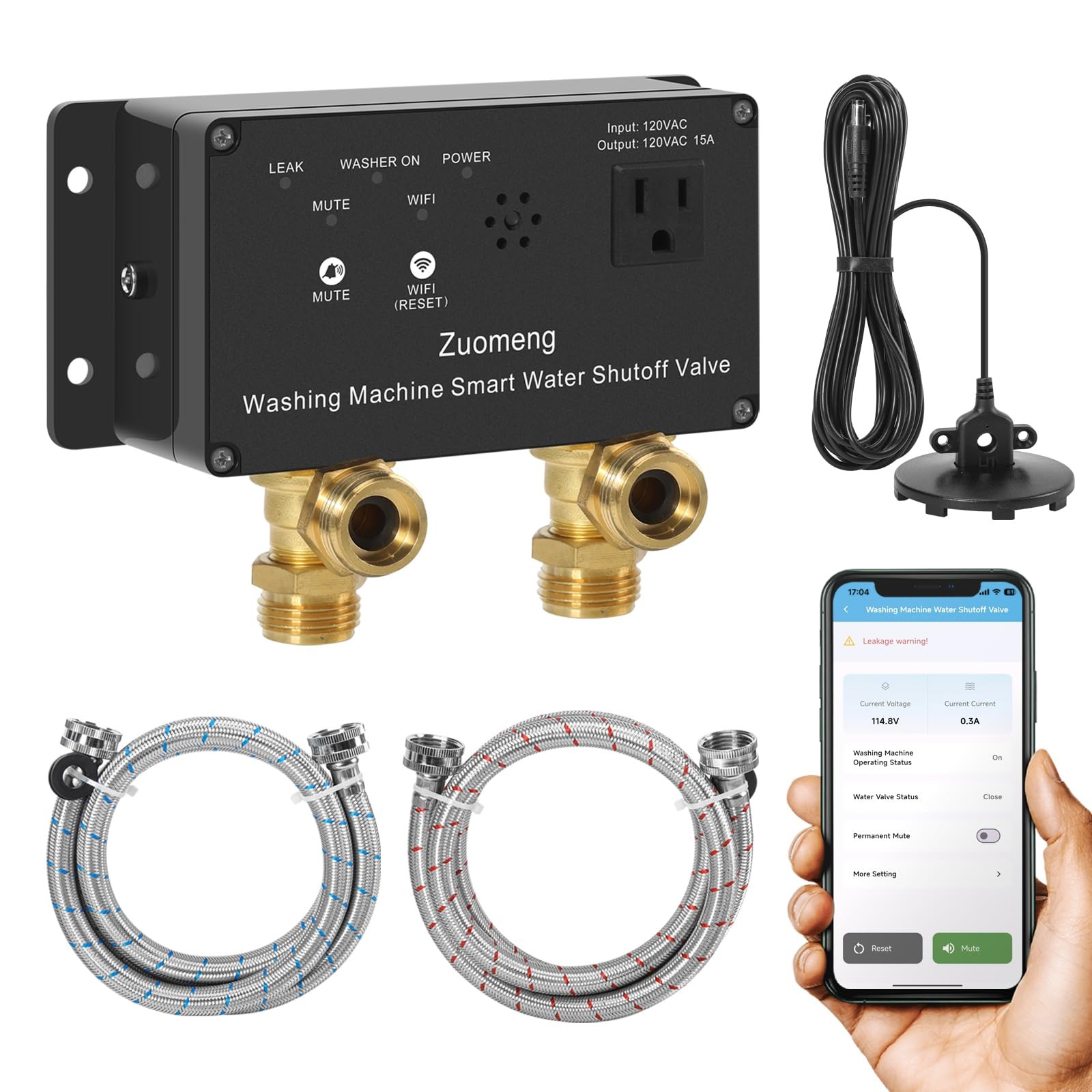 Zuomeng WiFi Smart Water Shutoff Valve with Leak Sensor, 3/4" Brass white