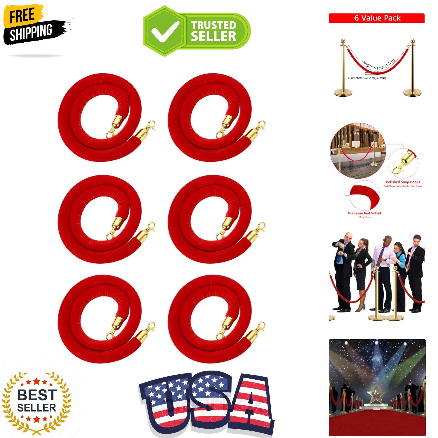 6 Pack 5 Feet Red Velvet Stanchion Rope, Crowd Control Ropes with Gold Clasps...