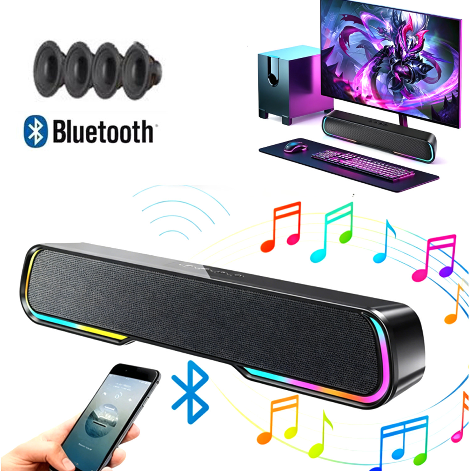 Surround Sound Bar 4 Speaker System Wireless Bluetooth Subwoofer Home Theater