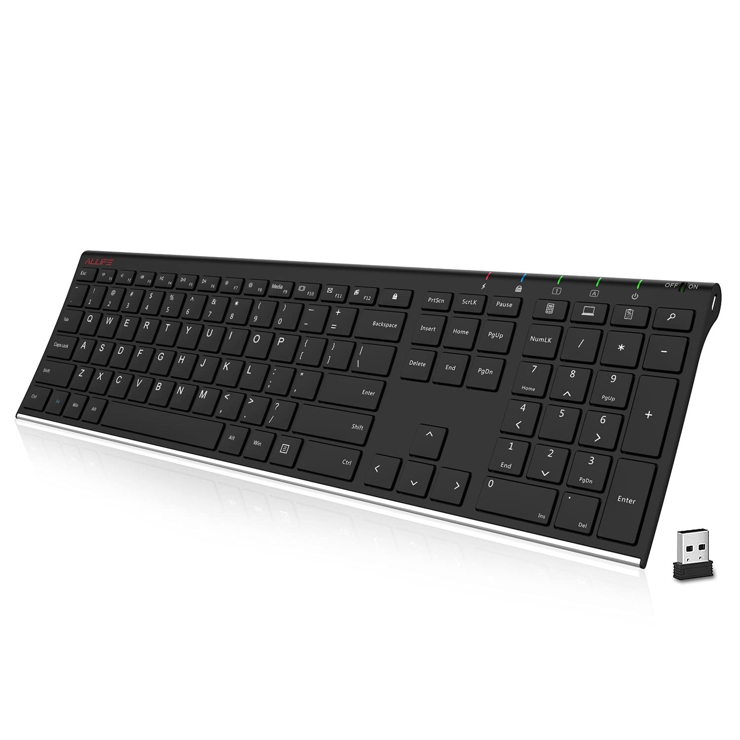 ALLIFE 2.4G Wireless Keyboard Stainless Steel Ultra Slim Full Size Keyboard with