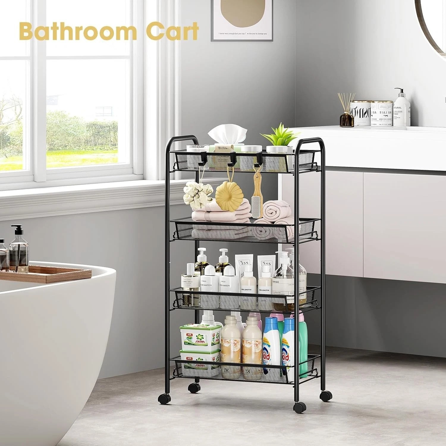 Compact 4-Tier Metal Utility Cart with 3 Hooks – Effortless Assembly & Mobility