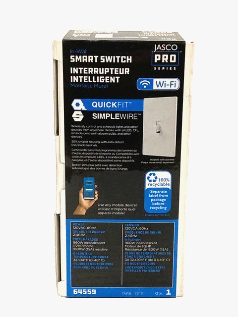 Jasco Pro Smart In-Wall Toggle Switch 64559 Wifi, White