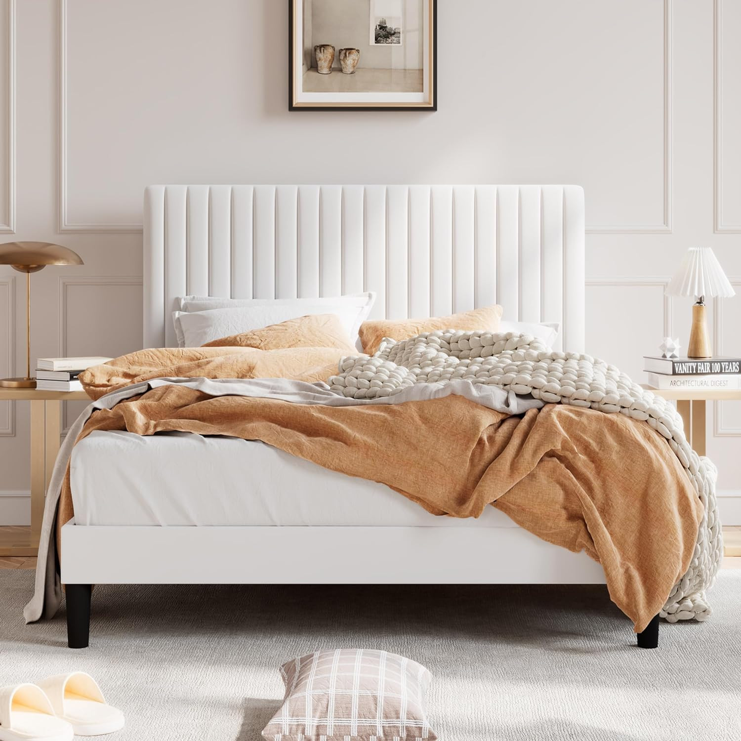 Elegant White Velvet Upholstered Platform Bed with Adjustable Headboard