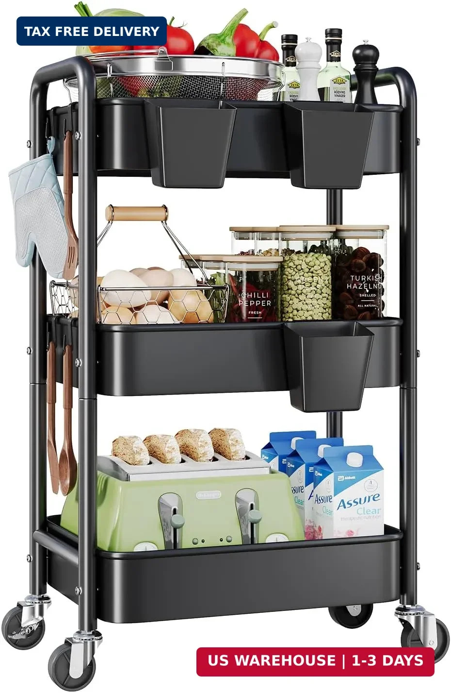 3 Tier Rolling Cart on Wheels, Metal Utility Storage Cart with Wheels, Three Tie