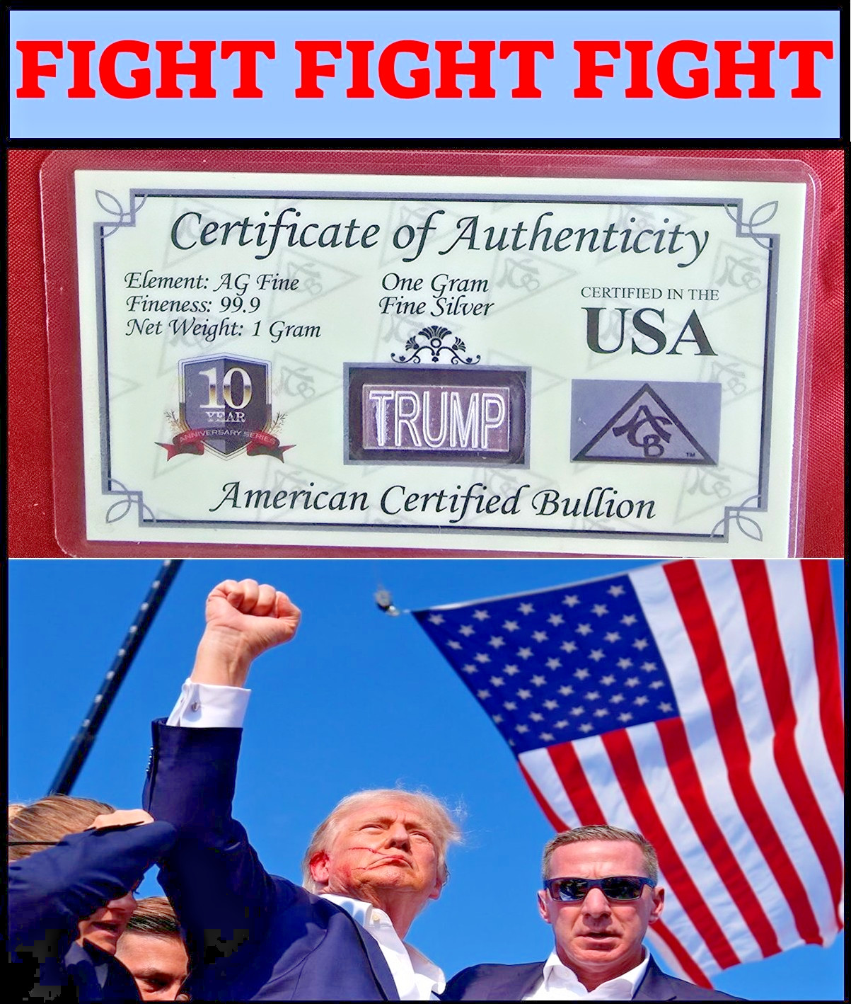 x5 TRUMP FIGHT BARS ACB 1 Gram  .999 Fine SILVER w/Certificate COLLECTIBLE+ S