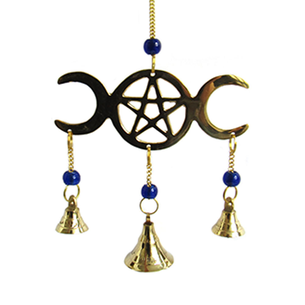 NEW Triple Moon Mini Chime Brass Beaded Altar Decor w/ Bells 9.5" Length