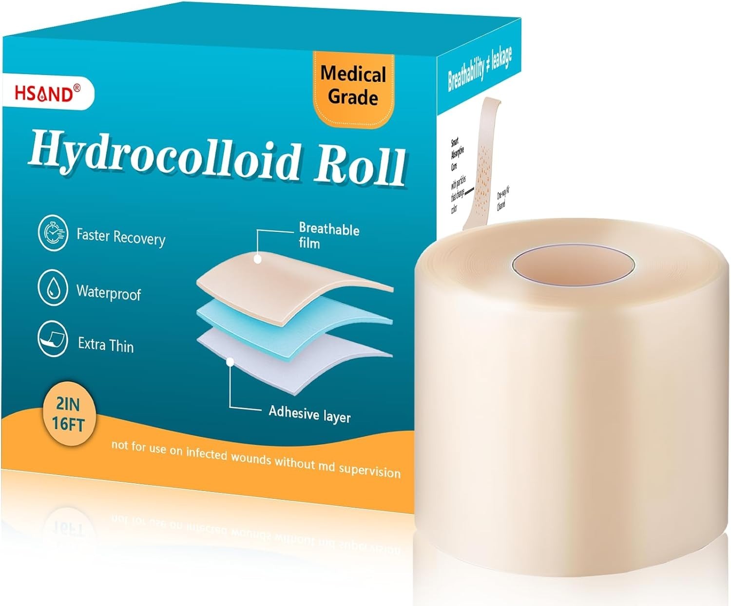Hydrocolloid Roll for Wound Care with Pre-Cut Lines & Medical-Grade 2 x 16ft